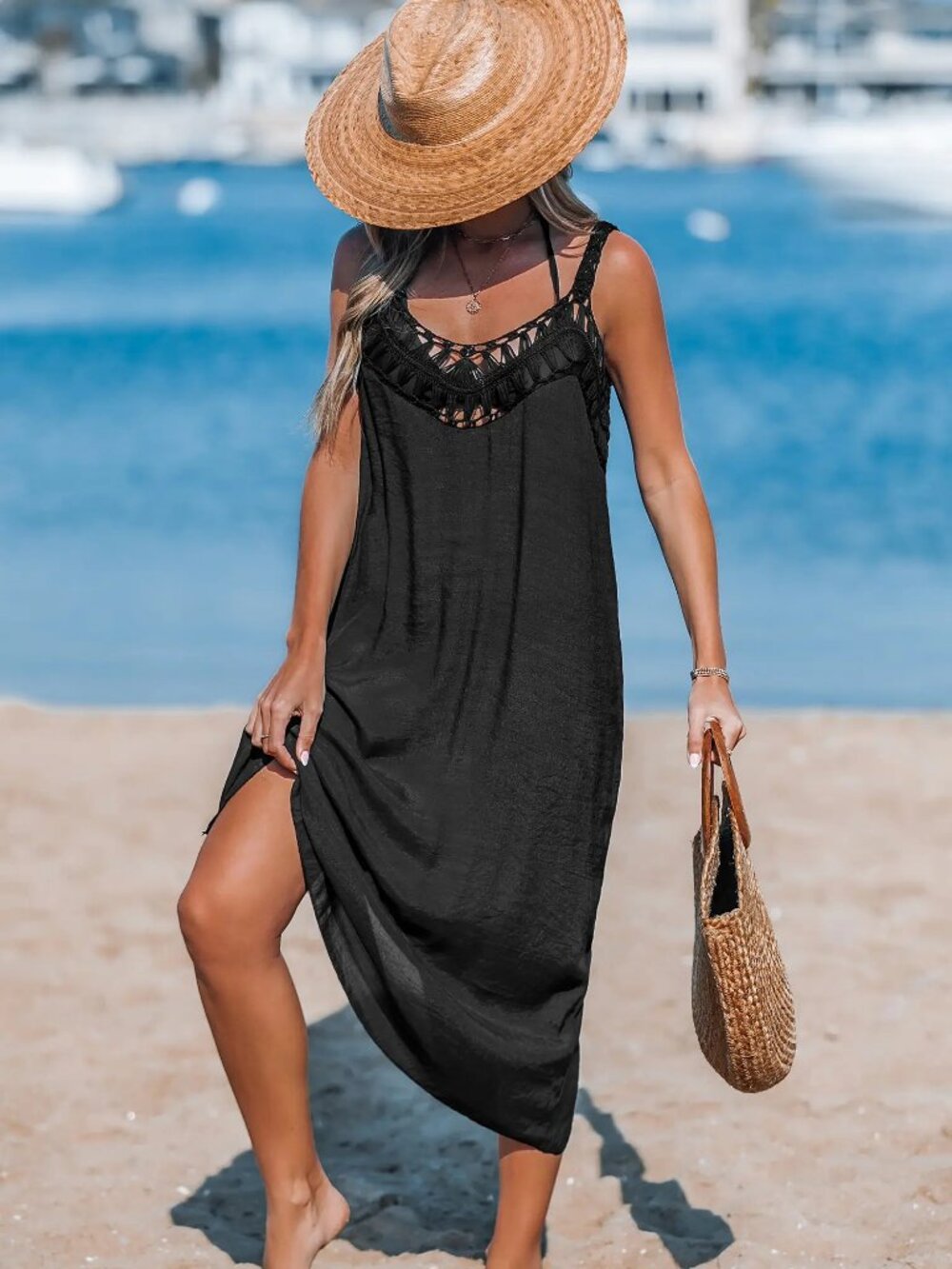 Cupshe Soldout Black Crochet Trim Maxi Beach Swim Coverup Dress NWT Sz XL